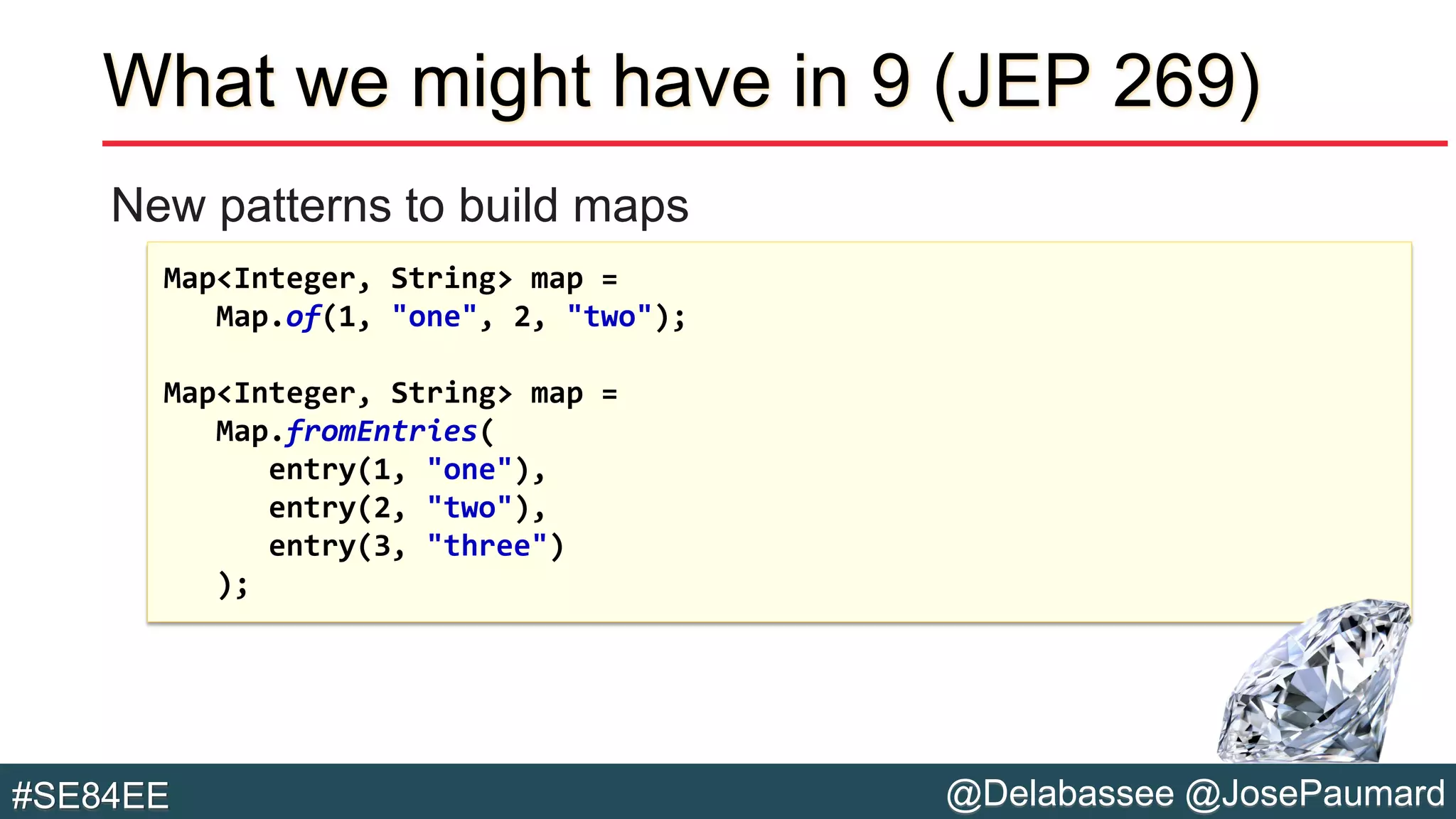 @Delabassee @JosePaumard#SE84EE
What we might have in 9 (JEP 269)
New patterns to build maps
Map<Integer, String> map =
Map.of(1, "one", 2, "two");
Map<Integer, String> map =
Map.fromEntries(
entry(1, "one"),
entry(2, "two"),
entry(3, "three")
);
 