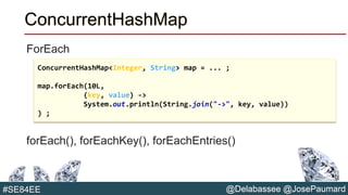 @Delabassee @JosePaumard#SE84EE
ConcurrentHashMap
ForEach
forEach(), forEachKey(), forEachEntries()
ConcurrentHashMap<Integer, String> map = ... ;
map.forEach(10L,
(key, value) ->
System.out.println(String.join("->", key, value))
) ;
 