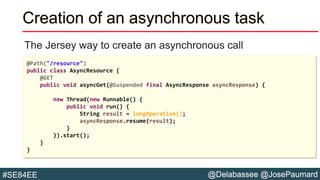@Delabassee @JosePaumard#SE84EE
Creation of an asynchronous task
The Jersey way to create an asynchronous call
@Path("/resource")
public class AsyncResource {
@GET
public void asyncGet(@Suspended final AsyncResponse asyncResponse) {
new Thread(new Runnable() {
public void run() {
String result = longOperation();
asyncResponse.resume(result);
}
}).start();
}
}
 