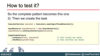 @Delabassee @JosePaumard#SE84EE
How to test it?
So the complete pattern becomes this one
3) Then we create the task
ExecutorService executor = Executors.newSingleThreadExecutor();
AsynResource asyncResource = new AsyncResource();
asyncResource.setExecutorService(executor);
CompletableFuture
.runAsync(train, executor) // this trains our mocks
.thenRun(asyncVerify); // this verifies our mocks
 