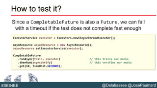 @Delabassee @JosePaumard#SE84EE
How to test it?
Since a CompletableFuture is also a Future, we can fail
with a timeout if the test does not complete fast enough
ExecutorService executor = Executors.newSingleThreadExecutor();
AsynResource asyncResource = new AsyncResource();
asyncResource.setExecutorService(executor);
CompletableFuture
.runAsync(train, executor) // this trains our mocks
.thenRun(asyncVerify) // this verifies our mocks
.get(10, TimeUnit.SECONDS);
 