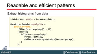 @Delabassee @JosePaumard#SE84EE
Readable and efficient patterns
Extract histograms from data
List<Person> people = Arrays.asList();
Map<City, Double> agesByCity =
people.stream()
.filter(p -> p.getAge() > 20)
.collect(
Collectors.groupingBy(
Person::getCity,
Collectors.averagingDouble(Person::getAge)
)
);
 