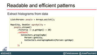 @Delabassee @JosePaumard#SE84EE
Readable and efficient patterns
Extract histograms from data
List<Person> people = Arrays.asList();
Map<City, Double> agesByCity =
people.stream()
.filter(p -> p.getAge() > 20)
.collect(
Collectors.groupingBy(
Person::getCity,
Collectors.averagingDouble(Person::getAge)
)
);
 