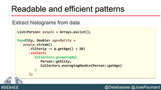 @Delabassee @JosePaumard#SE84EE
Readable and efficient patterns
Extract histograms from data
List<Person> people = Arrays.asList();
Map<City, Double> agesByCity =
people.stream()
.filter(p -> p.getAge() > 20)
.collect(
Collectors.groupingBy(
Person::getCity,
Collectors.averagingDouble(Person::getAge)
)
);
 