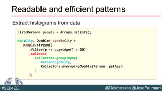 @Delabassee @JosePaumard#SE84EE
Readable and efficient patterns
Extract histograms from data
List<Person> people = Arrays.asList();
Map<City, Double> agesByCity =
people.stream()
.filter(p -> p.getAge() > 20)
.collect(
Collectors.groupingBy(
Person::getCity,
Collectors.averagingDouble(Person::getAge)
)
);
 