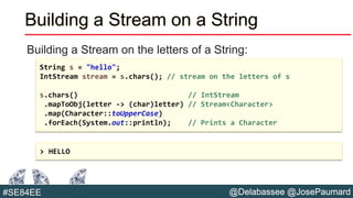 @Delabassee @JosePaumard#SE84EE
Building a Stream on a String
Building a Stream on the letters of a String:
String s = "hello";
IntStream stream = s.chars(); // stream on the letters of s
s.chars() // IntStream
.mapToObj(letter -> (char)letter) // Stream<Character>
.map(Character::toUpperCase)
.forEach(System.out::println); // Prints a Character
> HELLO
 