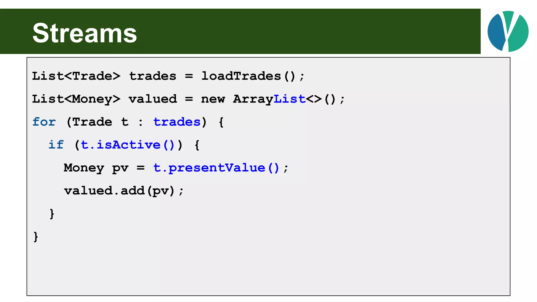 Streams
List<Trade> trades = loadTrades();
List<Money> valued = new ArrayList<>();
for (Trade t : trades) {
if (t.isActive()) {
Money pv = t.presentValue();
valued.add(pv);
}
}
 