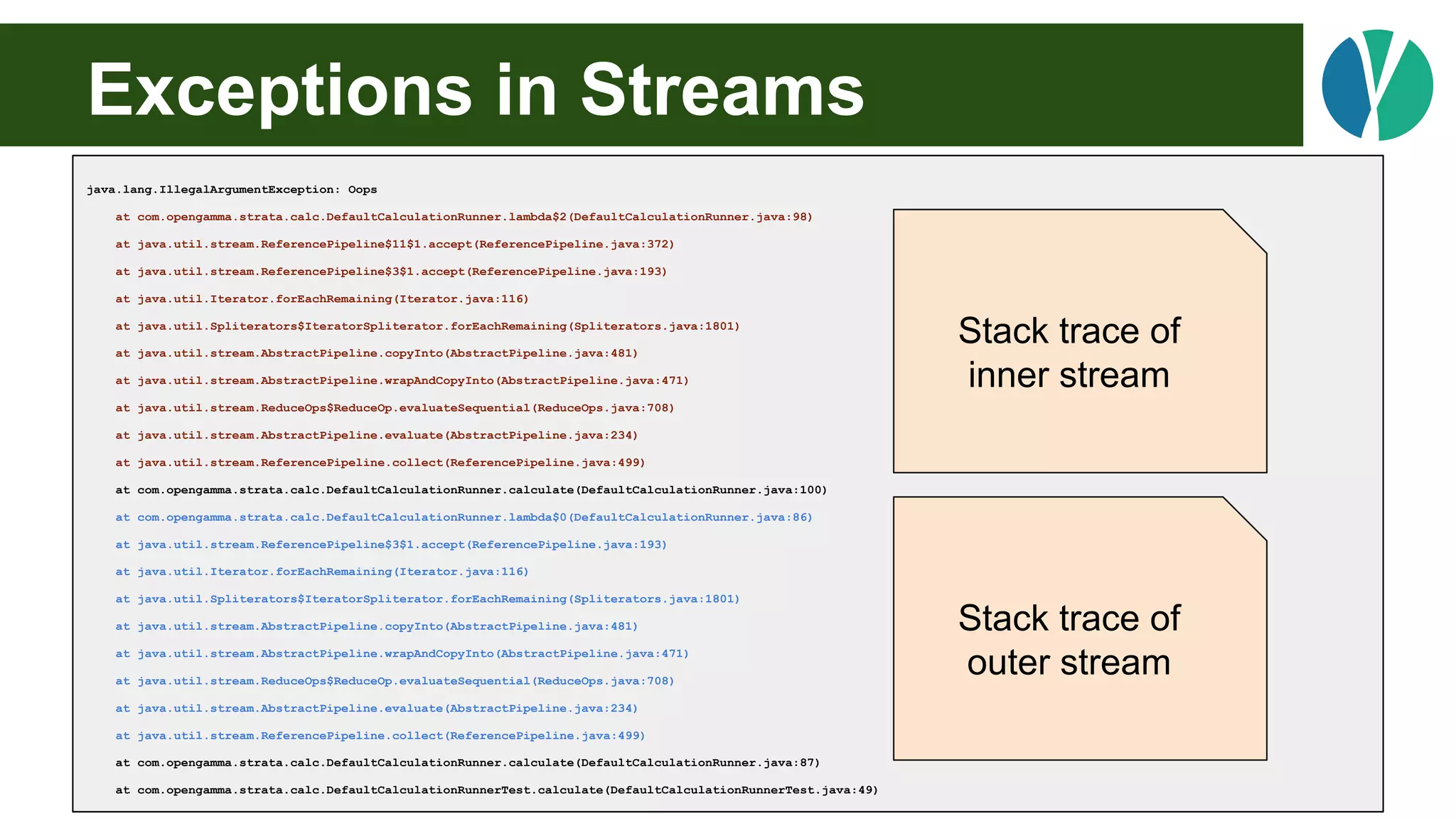 Exceptions in Streams
java.lang.IllegalArgumentException: Oops
at com.opengamma.strata.calc.DefaultCalculationRunner.lambda$2(DefaultCalculationRunner.java:98)
at java.util.stream.ReferencePipeline$11$1.accept(ReferencePipeline.java:372)
at java.util.stream.ReferencePipeline$3$1.accept(ReferencePipeline.java:193)
at java.util.Iterator.forEachRemaining(Iterator.java:116)
at java.util.Spliterators$IteratorSpliterator.forEachRemaining(Spliterators.java:1801)
at java.util.stream.AbstractPipeline.copyInto(AbstractPipeline.java:481)
at java.util.stream.AbstractPipeline.wrapAndCopyInto(AbstractPipeline.java:471)
at java.util.stream.ReduceOps$ReduceOp.evaluateSequential(ReduceOps.java:708)
at java.util.stream.AbstractPipeline.evaluate(AbstractPipeline.java:234)
at java.util.stream.ReferencePipeline.collect(ReferencePipeline.java:499)
at com.opengamma.strata.calc.DefaultCalculationRunner.calculate(DefaultCalculationRunner.java:100)
at com.opengamma.strata.calc.DefaultCalculationRunner.lambda$0(DefaultCalculationRunner.java:86)
at java.util.stream.ReferencePipeline$3$1.accept(ReferencePipeline.java:193)
at java.util.Iterator.forEachRemaining(Iterator.java:116)
at java.util.Spliterators$IteratorSpliterator.forEachRemaining(Spliterators.java:1801)
at java.util.stream.AbstractPipeline.copyInto(AbstractPipeline.java:481)
at java.util.stream.AbstractPipeline.wrapAndCopyInto(AbstractPipeline.java:471)
at java.util.stream.ReduceOps$ReduceOp.evaluateSequential(ReduceOps.java:708)
at java.util.stream.AbstractPipeline.evaluate(AbstractPipeline.java:234)
at java.util.stream.ReferencePipeline.collect(ReferencePipeline.java:499)
at com.opengamma.strata.calc.DefaultCalculationRunner.calculate(DefaultCalculationRunner.java:87)
at com.opengamma.strata.calc.DefaultCalculationRunnerTest.calculate(DefaultCalculationRunnerTest.java:49)
Stack trace of
inner stream
Stack trace of
outer stream
 