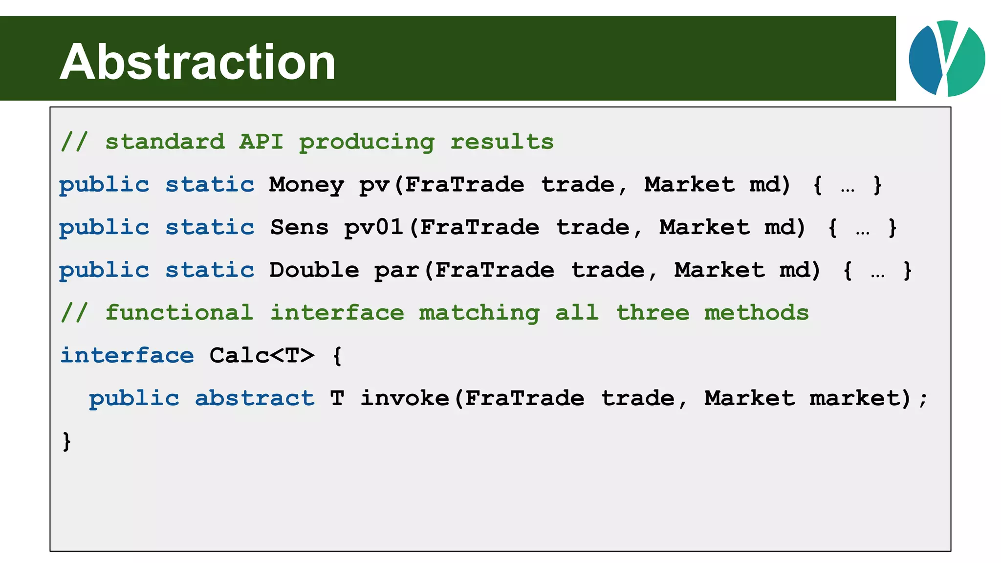 Abstraction
// standard API producing results
public static Money pv(FraTrade trade, Market md) { … }
public static Sens pv01(FraTrade trade, Market md) { … }
public static Double par(FraTrade trade, Market md) { … }
// functional interface matching all three methods
interface Calc<T> {
public abstract T invoke(FraTrade trade, Market market);
}
 