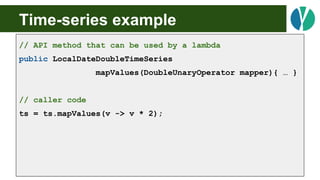 Time-series example
// API method that can be used by a lambda
public LocalDateDoubleTimeSeries
mapValues(DoubleUnaryOpera...