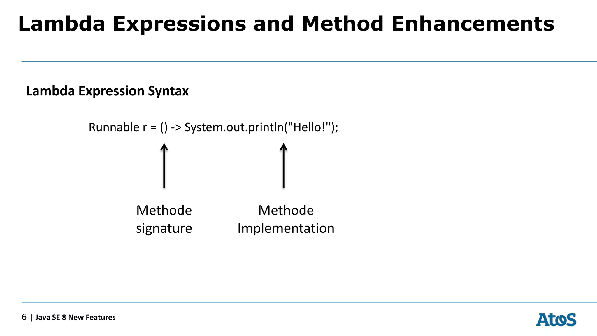 Lambda Expressions and Method Enhancements
6 | Java SE 8 New Features
Lambda Expression Syntax
Runnable r = () -> System.out.println("Hello!");
Methode
signature
Methode
Implementation
 