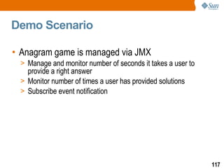 Demo Scenario Anagram game is managed via JMX  Manage and monitor number of seconds it takes a user to provide a right answer Monitor number of times a user has provided solutions Subscribe event notification  