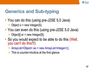 Generics and Sub-typing You can do this (using pre-J2SE 5.0 Java) Object o = new Integer(5);  You can even do this (using pre-J2SE 5.0 Java) Object[] or = new Integer[5]; So you would expect to be able to do this  (Well, you can't do this!!!) ArrayList<Object> ao = new ArrayList<Integer>(); This is counter-intuitive at the first glance 