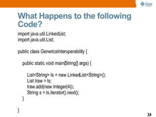 What Happens to the following Code? import java.util.LinkedList; import java.util.List; public class GenericsInteroperability { public static void main(String[] args) { List<String> ls = new LinkedList<String>(); List lraw = ls; lraw.add(new Integer(4)); String s = ls.iterator().next(); } } 