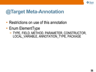 @Target Meta-Annotation  Restrictions on use of this annotation Enum ElementType TYPE, FIELD, METHOD, PARAMETER, CONSTRUCTOR, LOCAL_VARIABLE, ANNOTATION_TYPE, PACKAGE 