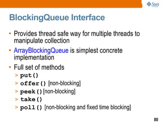 BlockingQueue Interface Provides thread safe way for multiple threads to manipulate collection ArrayBlockingQueue  is simplest concrete implementation Full set of methods put() offer()  [non-blocking] peek() [non-blocking] take() poll()  [non-blocking and fixed time blocking] 