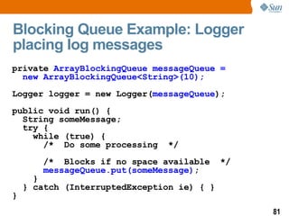 Blocking Queue Example: Logger placing log messages private  ArrayBlockingQueue messageQueue =  new ArrayBlockingQueue<String>(10); Logger logger = new Logger( messageQueue ); public void run() { String someMessage; try { while (true) { /*  Do some processing  */ /*  Blocks if no space available  */ messageQueue.put(someMessage) ; } } catch (InterruptedException ie) { } } 