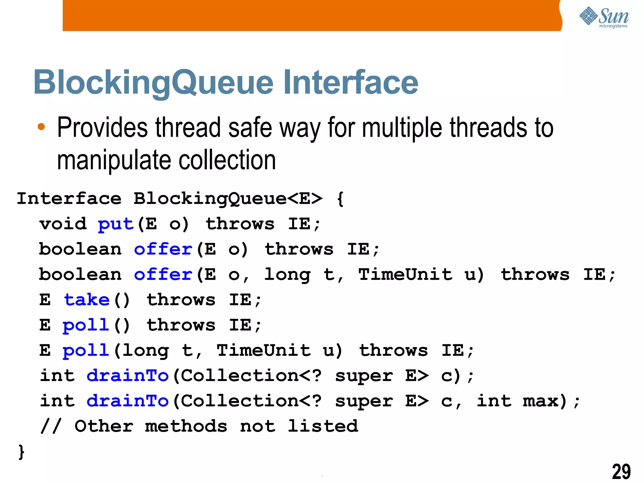 BlockingQueue Interface Provides thread safe way for multiple threads to manipulate collection Interface BlockingQueue<E> { void  put (E o) throws IE; boolean  offer (E o) throws IE; boolean  offer (E o, long t, TimeUnit u) throws IE; E  take () throws IE; E  poll () throws IE; E  poll (long t, TimeUnit u) throws IE; int  drainTo (Collection<? super E> c); int  drainTo (Collection<? super E> c, int max); // Other methods not listed } 