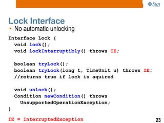 Lock Interface No automatic unlocking Interface Lock { void  lock (); void  lockInterruptibly () throws  IE ; boolean  tryLock (); boolean  tryLock (long t, TimeUnit u) throws  IE ; //returns true if lock is aquired void  unlock (); Condition  newCondition () throws  UnsupportedOperationException; } IE = InterruptedException 