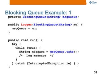 Blocking Queue Example: 1 private  BlockingQueue<String>   msgQueue ; public  Logger ( BlockingQueue<String>  mq) { msgQueue = mq; } public void run() { try { while (true) { String message =  msgQueue.take (); /*  Log message  */ } } catch (InterruptedException ie) { } } 