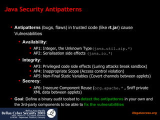 Java Security Antipatterns Antipatterns  (bugs, flaws) in trusted code (like  rt.jar ) cause Vulnerabilities Availability :  AP1: Integer, the Unknown Type (java.util.zip.*)   AP2: Serialisation side effects  (java.io.*)   Integrity :  AP3: Privileged code side effects (Luring attacks break sandbox) AP4: Inappropriate Scope (Access control violation) AP5: Non-Final Static Variables (Covert channels between applets) Secrecy : AP6: Insecure Component Reuse ( org.apache.*  , Sniff private XML data between applets) Goal : Define a binary audit toolset to  detect the antipatterns   in your own and the 3rd-party components to be able to  fix the vulnerabilities 