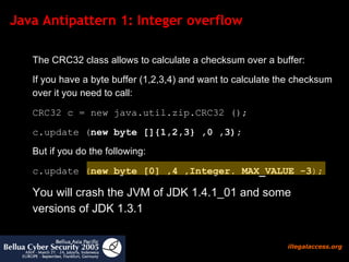 Java Antipattern 1: Integer overflow The CRC32 class allows to calculate a checksum over a buffer: If you have a byte buffer (1,2,3,4) and want to calculate the checksum over it you need to call: CRC32 c = new java.util.zip.CRC32 (); c.update ( new byte []{1,2,3} ,0 ,3);  But if you do the following: c.update ( new byte [0] ,4 ,Integer. MAX_VALUE -3 ); You will crash the JVM of JDK 1.4.1_01 and some versions of JDK 1.3.1 