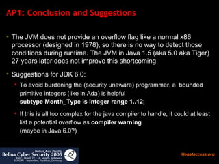 AP1: Conclusion and Suggestions The JVM does not provide an overflow flag like a normal x86 processor (designed in 1978), so there is no way to detect those conditions during runtime. The JVM in Java 1.5 (aka 5.0 aka Tiger) 27 years later does not improve this shortcoming  Suggestions for JDK 6.0: To avoid burdening the (security unaware) programmer, a  bounded primitive integers (like in Ada) is helpful  subtype Month_Type is Integer range 1..12;  If this is all too complex for the java compiler to handle, it could at least list a potential overflow as  compiler warning  (maybe in Java 6.0?)  
