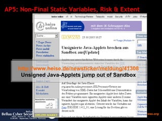 AP5: Non-Final Static Variables, Risk & Extent http://www.heise.de/newsticker/meldung/41308 Unsigned Java-Applets jump out of Sandbox 