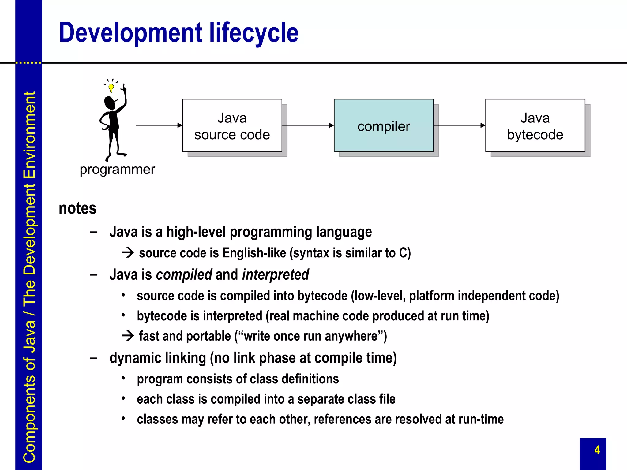 Components of Java / The Development Environment   Development lifecycle

                                                                            Java                                                       Java
                                                                                                        compiler
                                                                         source code                                                 bytecode

                                                     programmer

                                                   notes
                                                       – Java is a high-level programming language
                                                             source code is English-like (syntax is similar to C)
                                                       – Java is compiled and interpreted
                                                            • source code is compiled into bytecode (low-level, platform independent code)
                                                            • bytecode is interpreted (real machine code produced at run time)
                                                             fast and portable (“write once run anywhere”)
                                                       – dynamic linking (no link phase at compile time)
                                                            • program consists of class definitions
                                                            • each class is compiled into a separate class file
                                                            • classes may refer to each other, references are resolved at run-time

                                                                                                                                                4
 