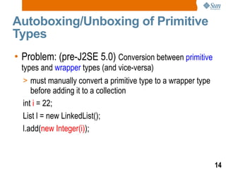 Autoboxing/Unboxing of Primitive Types Problem: (pre-J2SE 5.0)  Conversion between  primitive  types and  wrapper  types (and vice-versa) must manually convert a primitive type to a wrapper type before adding it to a collection int  i  = 22; List l = new LinkedList(); l.add( new Integer(i) ); 