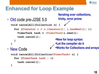 Enhanced for Loop Example Old  code pre-J2SE 5.0 void cancelAll(Collection c) { for ( Iterator i = c.iterator(); i.hasNext() ; ){ TimerTask task =  (TimerTask) i.next(); task.cancel();  } } New  Code void cancelAll(Collection <TimerTask>  c) { for ( TimerTask task : c ) task.cancel(); } Iterating over collections,  tricky, error prone New for loop syntax: Let the compiler do it Works for Collections and arrays 