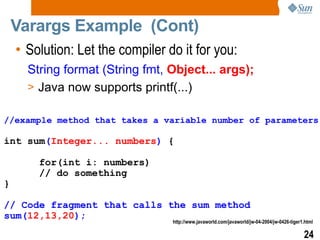 Varargs Example  (Cont) //example method that takes a variable number of parameters int sum ( Integer... numbers )  { for(int i: numbers) // do something }  // Code fragment that calls the sum method sum( 12,13,20 ); http://www.javaworld.com/javaworld/jw-04-2004/jw-0426-tiger1.html Solution: Let the compiler do it for you: String format (String fmt,  Object... args);  Java now supports printf(...) 
