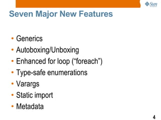 Seven Major New Features Generics Autoboxing/Unboxing Enhanced for loop (“foreach”) Type-safe enumerations Varargs Static import Metadata 