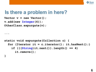 Is there a problem in here? Vector v = new Vector(); v.add(new  Integer (4)); OtherClass.expurgate(v); ... static void expurgate(Collection c) { for (Iterator it = c.iterator(); it.hasNext();) if ((( String )it.next()).length() == 4) it.remove(); }   