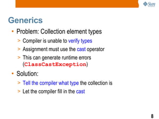 Generics Problem: Collection element types Compiler is unable to  verify types Assignment must use the  cast  operator This can generate runtime errors ( ClassCastException ) Solution: Tell the compiler what type  the collection is Let the compiler fill in the  cast   