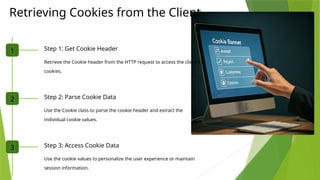 Retrieving Cookies from the Client
1 Step 1: Get Cookie Header
Retrieve the Cookie header from the HTTP request to access the client's
cookies.
2 Step 2: Parse Cookie Data
Use the Cookie class to parse the cookie header and extract the
individual cookie values.
3 Step 3: Access Cookie Data
Use the cookie values to personalize the user experience or maintain
session information.
 