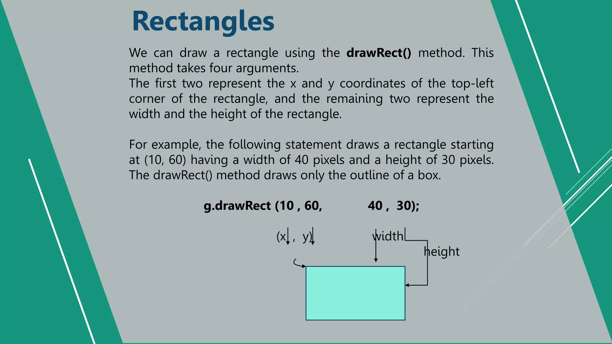 Rectangles
We can draw a rectangle using the drawRect() method. This
method takes four arguments.
The first two represent the x and y coordinates of the top-left
corner of the rectangle, and the remaining two represent the
width and the height of the rectangle.
For example, the following statement draws a rectangle starting
at (10, 60) having a width of 40 pixels and a height of 30 pixels.
The drawRect() method draws only the outline of a box.
g.drawRect (10 , 60, 40 , 30);
(x , y) width
height
Rectangle
 