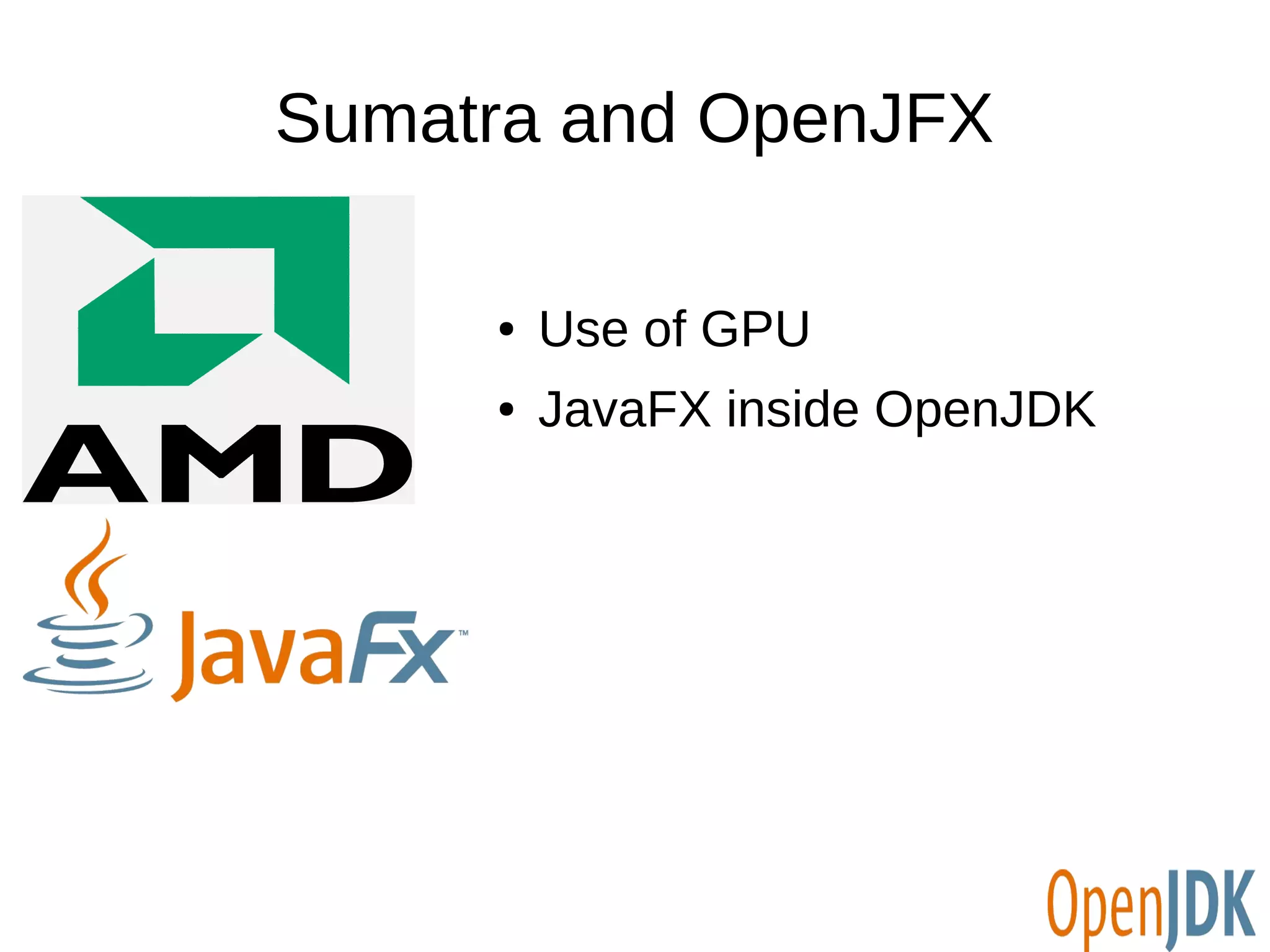 Sumatra and OpenJFX 
● Use of GPU 
● JavaFX inside OpenJDK 
 