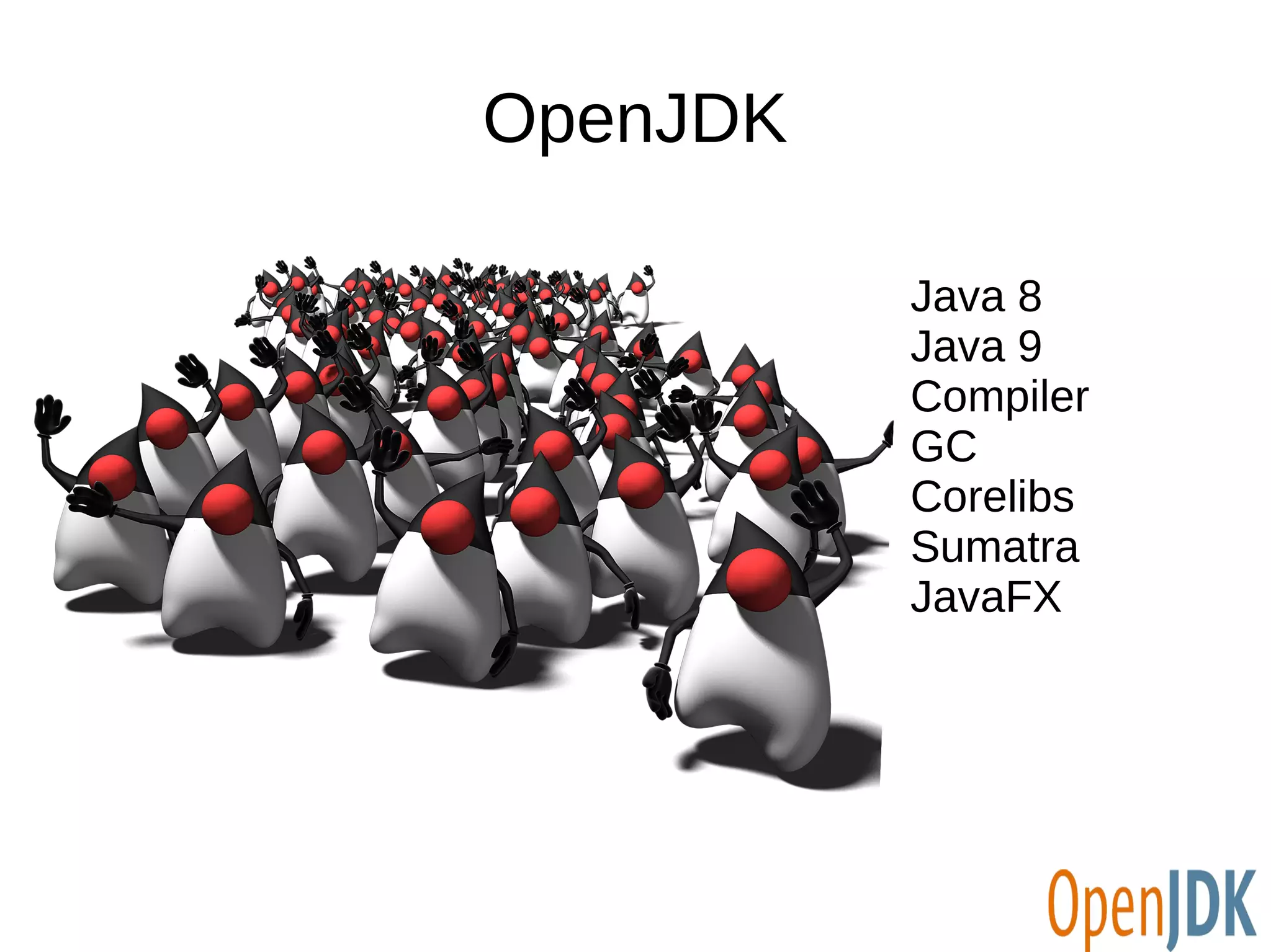 OpenJDK 
Java 8 
Java 9 
Compiler 
GC 
Corelibs 
Sumatra 
JavaFX 
 