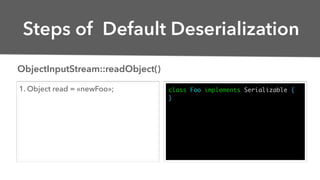 Steps of Default Deserialization
1. Object read = «newFoo»; class Foo implements Serializable {
}
ObjectInputStream::readO...