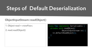 Steps of Default Deserialization
1. Object read = «newFoo»;
2. read.readObject()
class Foo implements Serializable {
priva...
