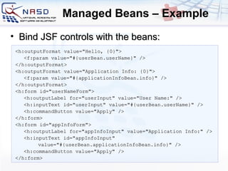 Managed Beans – Example <h:outputFormat value=&quot;Hello, {0}&quot;> <f:param value=&quot;#{userBean.userName}&quot; /> </h:outputFormat> <h:outputFormat value=&quot;Application Info: {0}&quot;> <f:param value=&quot;#{applicationInfoBean.info}&quot; /> </h:outputFormat> <h:form id=&quot;userNameForm&quot;> <h:outputLabel for=&quot;userInput&quot; value=&quot;User Name:&quot; /> <h:inputText id=&quot;userInput&quot; value=&quot;#{userBean.userName}&quot; /> <h:commandButton value=&quot;Apply&quot; /> </h:form> <h:form id=&quot;appInfoForm&quot;> <h:outputLabel for=&quot;appInfoInput&quot; value=&quot;Application Info:&quot; /> <h:inputText id=&quot;appInfoInput&quot; value=&quot;#{userBean.applicationInfoBean.info}&quot; /> <h:commandButton value=&quot;Apply&quot; /> </h:form> Bind JSF controls with the beans: 