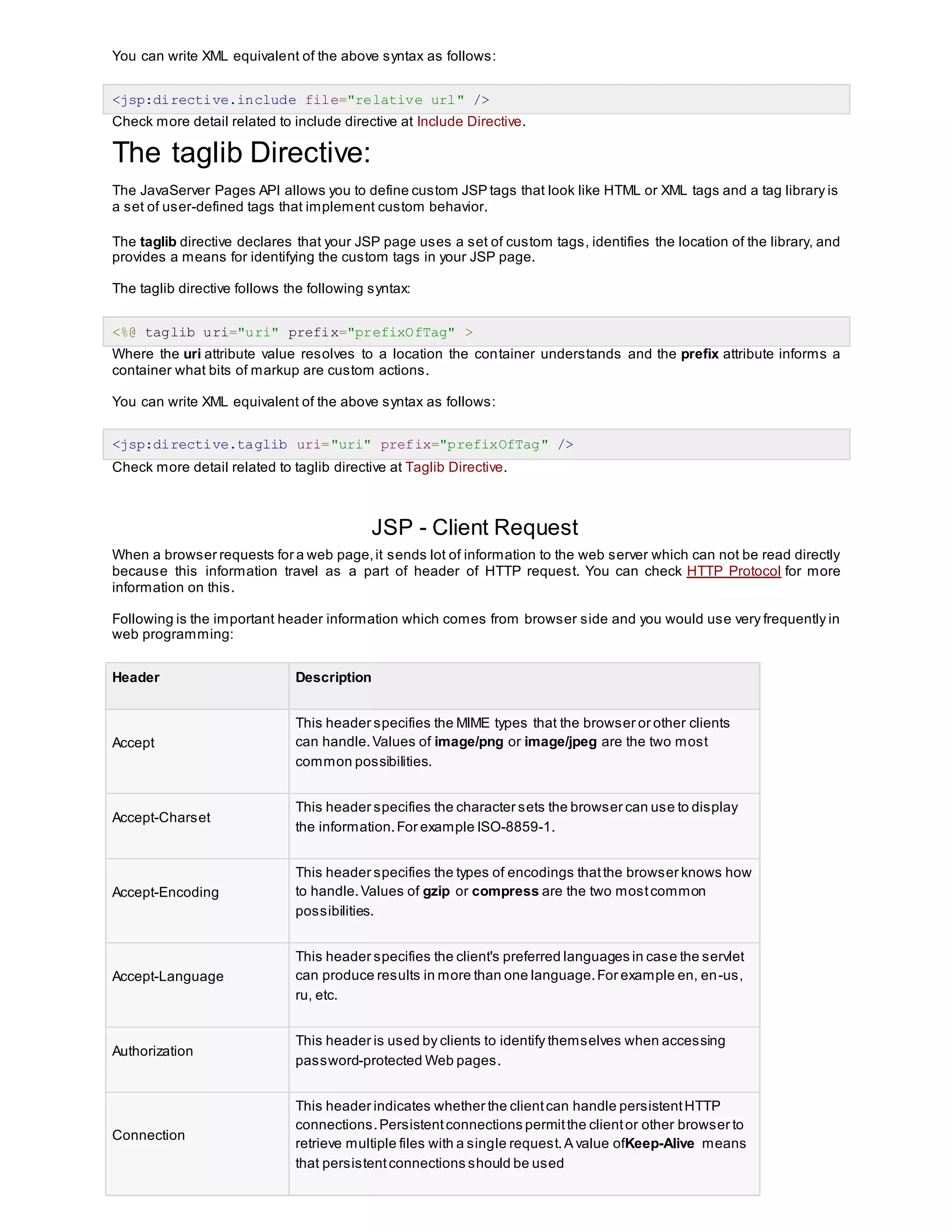 You can write XML equivalent of the above syntax as follows:
<jsp:directive.include file="relative url" />
Check more detail related to include directive at Include Directive.
The taglib Directive:
The JavaServer Pages API allows you to define custom JSP tags that look like HTML or XML tags and a tag library is
a set of user-defined tags that implement custom behavior.
The taglib directive declares that your JSP page uses a set of custom tags, identifies the location of the library, and
provides a means for identifying the custom tags in your JSP page.
The taglib directive follows the following syntax:
<%@ taglib uri="uri" prefix="prefixOfTag" >
Where the uri attribute value resolves to a location the container understands and the prefix attribute informs a
container what bits of markup are custom actions.
You can write XML equivalent of the above syntax as follows:
<jsp:directive.taglib uri="uri" prefix="prefixOfTag" />
Check more detail related to taglib directive at Taglib Directive.
JSP - Client Request
When a browser requests for a web page,it sends lot of information to the web server which can not be read directly
because this information travel as a part of header of HTTP request. You can check HTTP Protocol for more
information on this.
Following is the important header information which comes from browser side and you would use very frequently in
web programming:
Header Description
Accept
This header specifies the MIME types that the browser or other clients
can handle.Values of image/png or image/jpeg are the two most
common possibilities.
Accept-Charset
This header specifies the character sets the browser can use to display
the information.For example ISO-8859-1.
Accept-Encoding
This header specifies the types of encodings thatthe browser knows how
to handle.Values of gzip or compress are the two mostcommon
possibilities.
Accept-Language
This header specifies the client's preferred languages in case the servlet
can produce results in more than one language.For example en, en-us,
ru, etc.
Authorization
This header is used by clients to identify themselves when accessing
password-protected Web pages.
Connection
This header indicates whether the clientcan handle persistentHTTP
connections.Persistentconnections permitthe clientor other browser to
retrieve multiple files with a single request.A value ofKeep-Alive means
that persistentconnections should be used
 