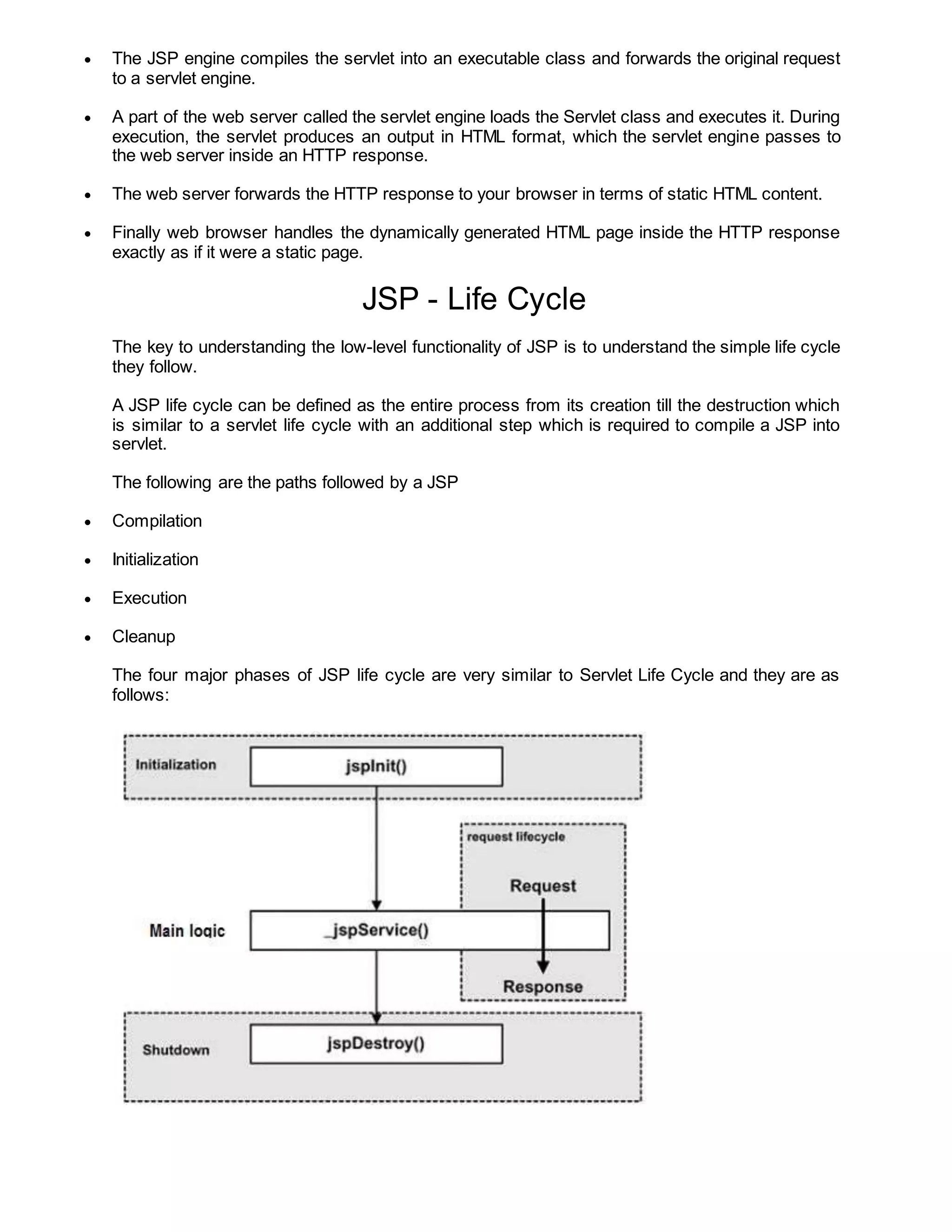  The JSP engine compiles the servlet into an executable class and forwards the original request
to a servlet engine.
 A part of the web server called the servlet engine loads the Servlet class and executes it. During
execution, the servlet produces an output in HTML format, which the servlet engine passes to
the web server inside an HTTP response.
 The web server forwards the HTTP response to your browser in terms of static HTML content.
 Finally web browser handles the dynamically generated HTML page inside the HTTP response
exactly as if it were a static page.
JSP - Life Cycle
The key to understanding the low-level functionality of JSP is to understand the simple life cycle
they follow.
A JSP life cycle can be defined as the entire process from its creation till the destruction which
is similar to a servlet life cycle with an additional step which is required to compile a JSP into
servlet.
The following are the paths followed by a JSP
 Compilation
 Initialization
 Execution
 Cleanup
The four major phases of JSP life cycle are very similar to Servlet Life Cycle and they are as
follows:
 