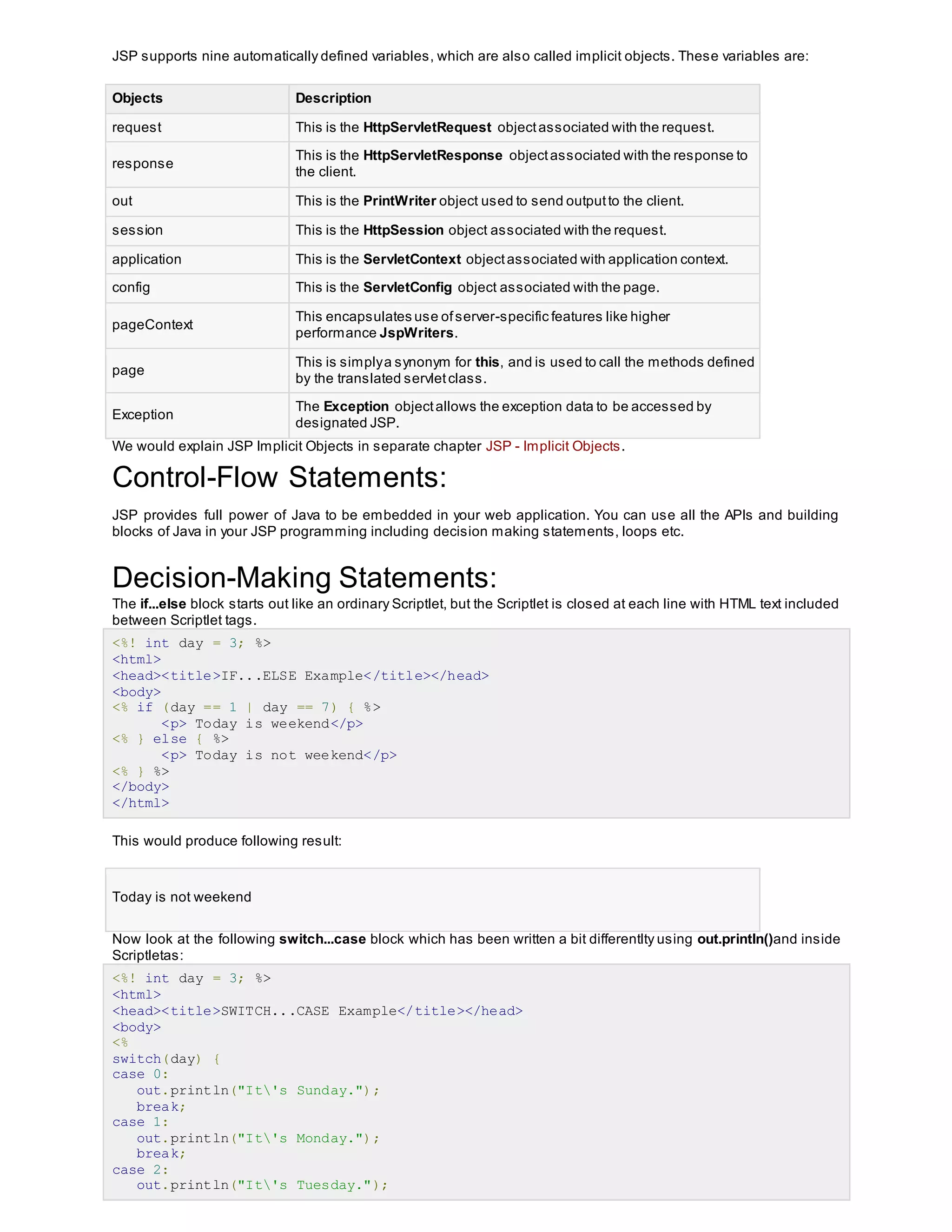 JSP supports nine automatically defined variables, which are also called implicit objects. These variables are:
Objects Description
request This is the HttpServletRequest objectassociated with the request.
response
This is the HttpServletResponse objectassociated with the response to
the client.
out This is the PrintWriter object used to send outputto the client.
session This is the HttpSession object associated with the request.
application This is the ServletContext objectassociated with application context.
config This is the ServletConfig object associated with the page.
pageContext
This encapsulates use ofserver-specific features like higher
performance JspWriters.
page
This is simplya synonym for this, and is used to call the methods defined
by the translated servletclass.
Exception
The Exception objectallows the exception data to be accessed by
designated JSP.
We would explain JSP Implicit Objects in separate chapter JSP - Implicit Objects.
Control-Flow Statements:
JSP provides full power of Java to be embedded in your web application. You can use all the APIs and building
blocks of Java in your JSP programming including decision making statements, loops etc.
Decision-Making Statements:
The if...else block starts out like an ordinary Scriptlet, but the Scriptlet is closed at each line with HTML text included
between Scriptlet tags.
<%! int day = 3; %>
<html>
<head><title>IF...ELSE Example</title></head>
<body>
<% if (day == 1 | day == 7) { %>
<p> Today is weekend</p>
<% } else { %>
<p> Today is not weekend</p>
<% } %>
</body>
</html>
This would produce following result:
Today is not weekend
Now look at the following switch...case block which has been written a bit differentlty using out.println()and inside
Scriptletas:
<%! int day = 3; %>
<html>
<head><title>SWITCH...CASE Example</title></head>
<body>
<%
switch(day) {
case 0:
out.println("It's Sunday.");
break;
case 1:
out.println("It's Monday.");
break;
case 2:
out.println("It's Tuesday.");
 