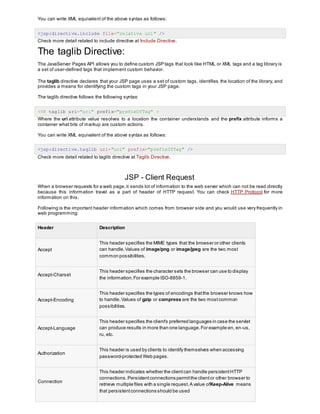 You can write XML equivalent of the above syntax as follows:
<jsp:directive.include file="relative url" />
Check more detail related to include directive at Include Directive.
The taglib Directive:
The JavaServer Pages API allows you to define custom JSP tags that look like HTML or XML tags and a tag library is
a set of user-defined tags that implement custom behavior.
The taglib directive declares that your JSP page uses a set of custom tags, identifies the location of the library, and
provides a means for identifying the custom tags in your JSP page.
The taglib directive follows the following syntax:
<%@ taglib uri="uri" prefix="prefixOfTag" >
Where the uri attribute value resolves to a location the container understands and the prefix attribute informs a
container what bits of markup are custom actions.
You can write XML equivalent of the above syntax as follows:
<jsp:directive.taglib uri="uri" prefix="prefixOfTag" />
Check more detail related to taglib directive at Taglib Directive.
JSP - Client Request
When a browser requests for a web page,it sends lot of information to the web server which can not be read directly
because this information travel as a part of header of HTTP request. You can check HTTP Protocol for more
information on this.
Following is the important header information which comes from browser side and you would use very frequently in
web programming:
Header Description
Accept
This header specifies the MIME types that the browser or other clients
can handle.Values of image/png or image/jpeg are the two most
common possibilities.
Accept-Charset
This header specifies the character sets the browser can use to display
the information.For example ISO-8859-1.
Accept-Encoding
This header specifies the types of encodings thatthe browser knows how
to handle.Values of gzip or compress are the two mostcommon
possibilities.
Accept-Language
This header specifies the client's preferred languages in case the servlet
can produce results in more than one language.For example en, en-us,
ru, etc.
Authorization
This header is used by clients to identify themselves when accessing
password-protected Web pages.
Connection
This header indicates whether the clientcan handle persistentHTTP
connections.Persistentconnections permitthe clientor other browser to
retrieve multiple files with a single request.A value ofKeep-Alive means
that persistentconnections should be used
 