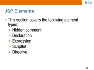 12
JSP Elements
• This section covers the following element
types:
> Hidden comment
> Declaration
> Expression
> Scriptlet
> Directive
 