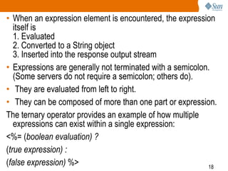 18
• When an expression element is encountered, the expression
itself is
1. Evaluated
2. Converted to a String object
3. Inserted into the response output stream
• Expressions are generally not terminated with a semicolon.
(Some servers do not require a semicolon; others do).
• They are evaluated from left to right.
• They can be composed of more than one part or expression.
The ternary operator provides an example of how multiple
expressions can exist within a single expression:
<%= (boolean evaluation) ?
(true expression) :
(false expression) %>
 