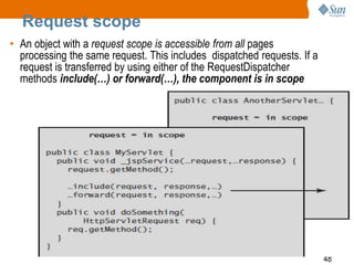 48
Request scope
• An object with a request scope is accessible from all pages
processing the same request. This includes dispatched requests. If a
request is transferred by using either of the RequestDispatcher
methods include(…) or forward(…), the component is in scope
 