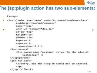 65
The jsp:plugin action has two sub-elements:
• jsp:params : allows parameter names and values to be
passed to the object.
• jsp:fallback : displays a text message for the user if the plug-
in cannot be started. If it manages to start, but the bean or
applet cannot, then a pop-up dialog appears to explain the
problem.
 